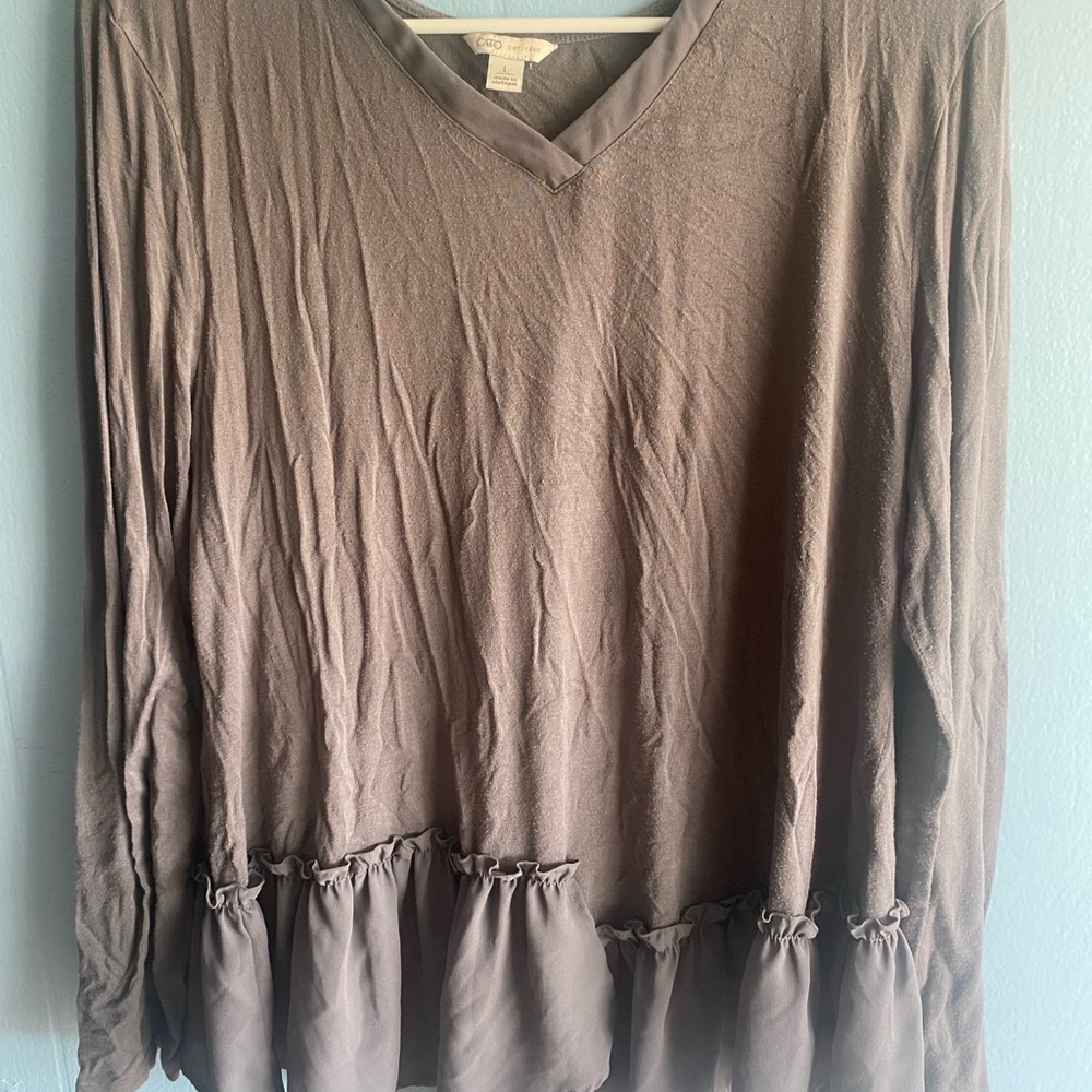 Cato Taupe Long Sleeve V-Neck Ruffle-Hem Top